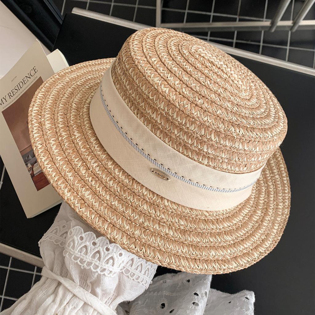 French retro flat top straw hat women's summer seaside beach vacation sun hat sunshade sun protection hat straw top hat
