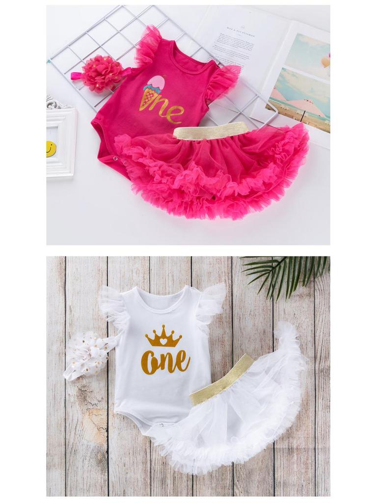 1st Birthday Outfit for Baby Girls: Sleeveless Romper, Skirt, and Bottoms Set