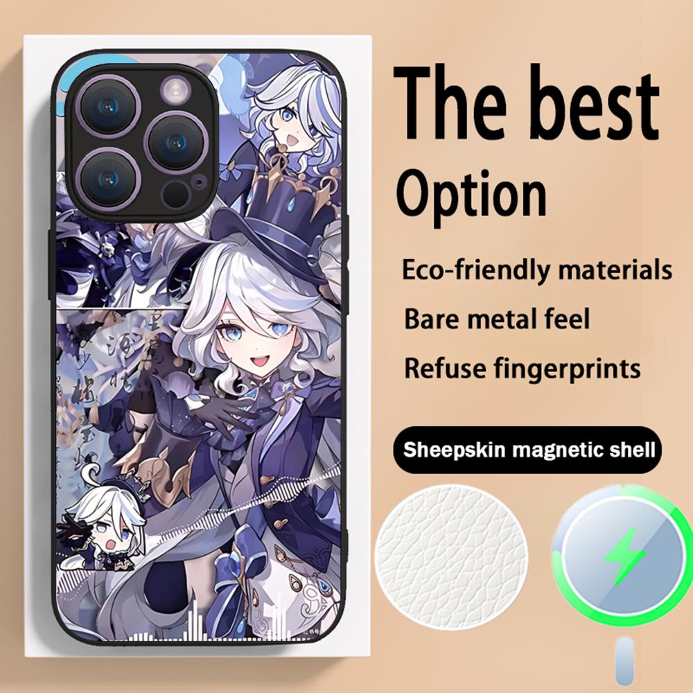 Genshin Furina game girl pattern Phone Case For iPhone 16 15 14 13 12 11 Plus Pro Max High-end Luxury Magsafe Sheepskin