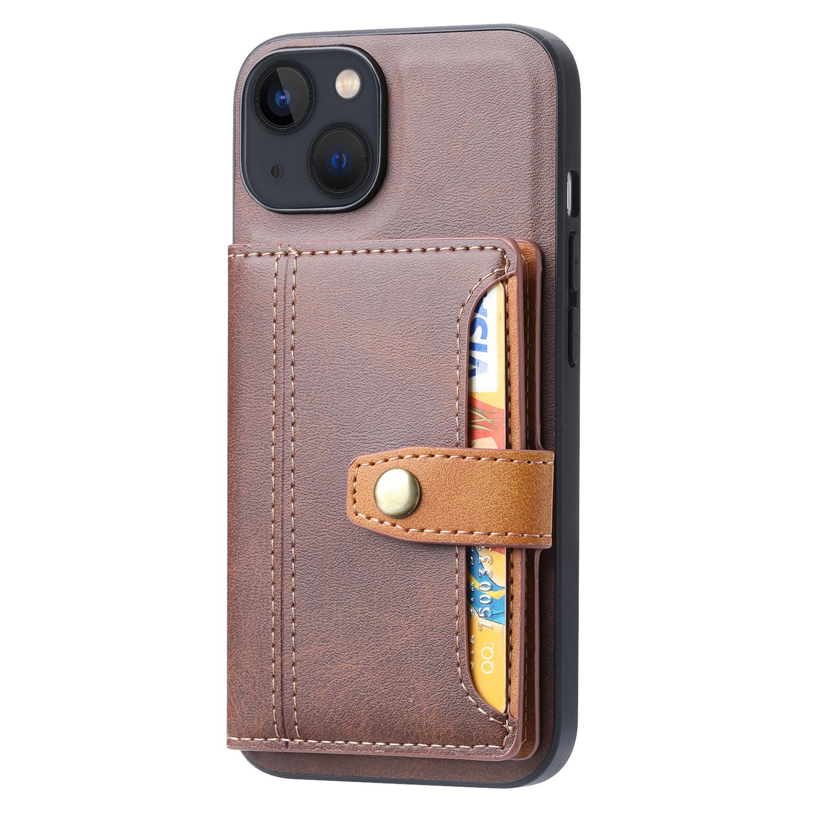 

For iPhone 15 Plus Kickstand Card Holder Phone Case Calf Texture PU Leather+TPU Anti-Scratch Cover Brown
