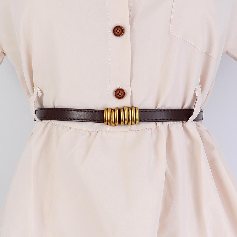 Women's Leather Decorative Buckle Pull-Through Waistband Belt for Skirts and Suits - Punch-Free Design.