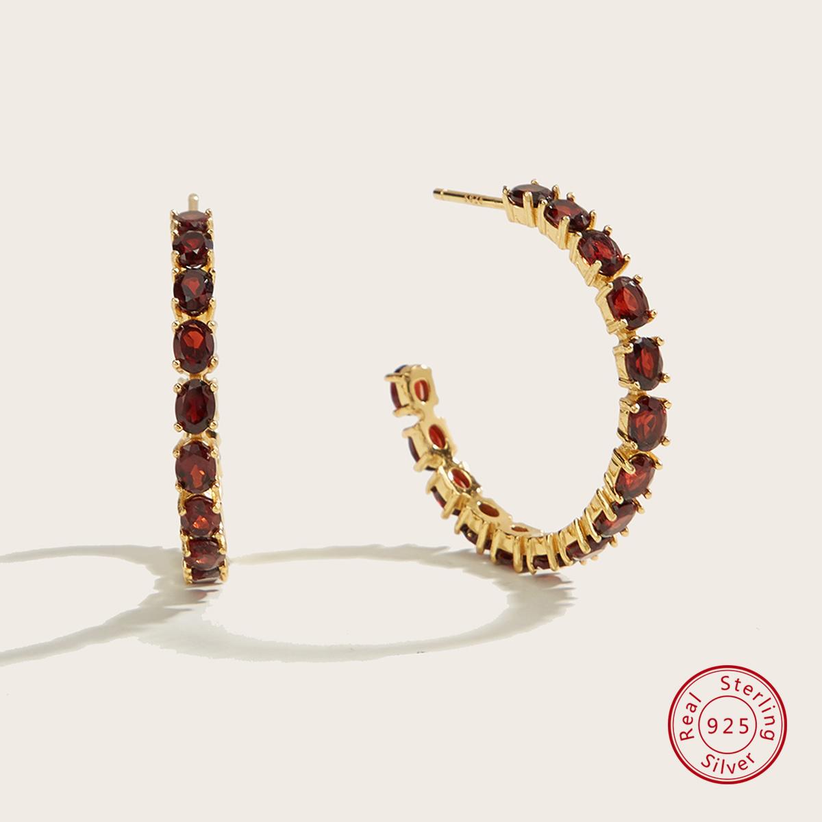 

Большие серьги из стерлингового серебра 925 пробы с натуральным красным гранатом, изысканные украшения для девочек, модный дизайн, выглядят просто и привлекательно L красный