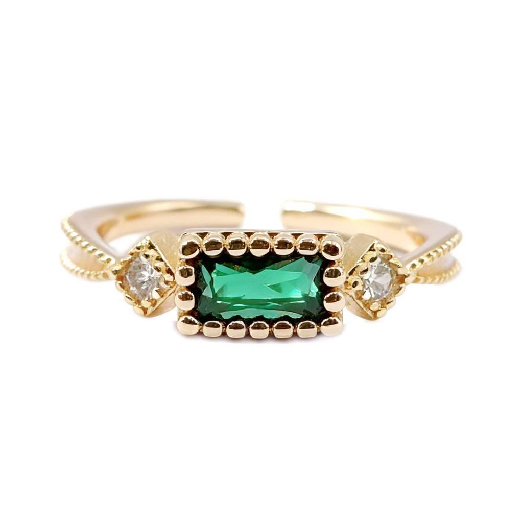 Yintai Fei Green Zircon Gold Ring - Elegant Retro Carved Light Luxury Jewelry Gift
