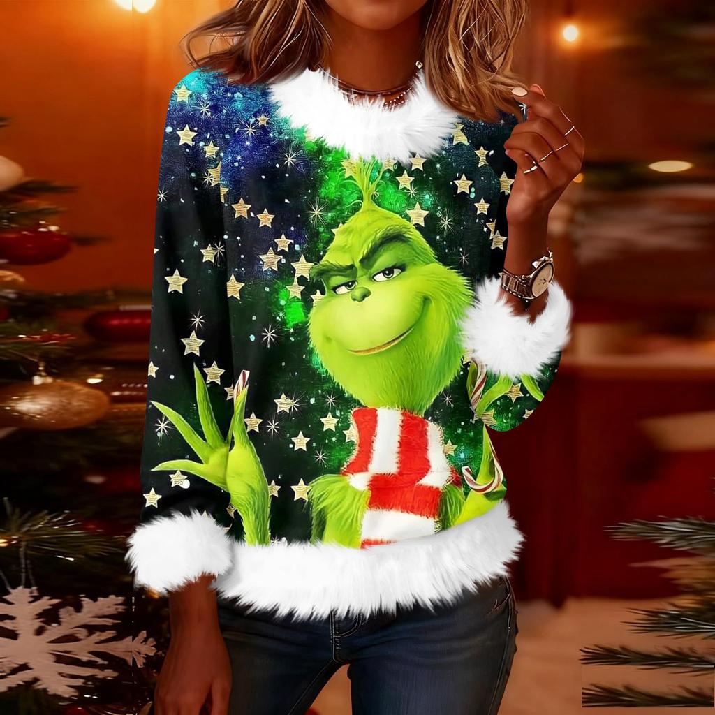 Women's Fashionable Christmas Printed Round Neck Long Sleeved Casual Pullover T-shirt Top