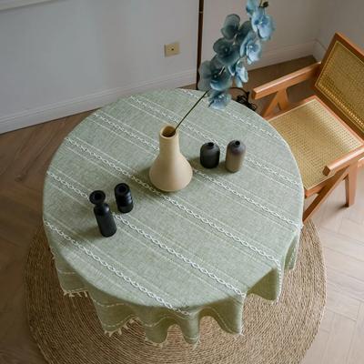 Cotton Linen Three-dimensional Jacquard Checkered Round Tablecloth,Tassels Dust-Proof Table Cover,For Dinner Party Wedding Decor