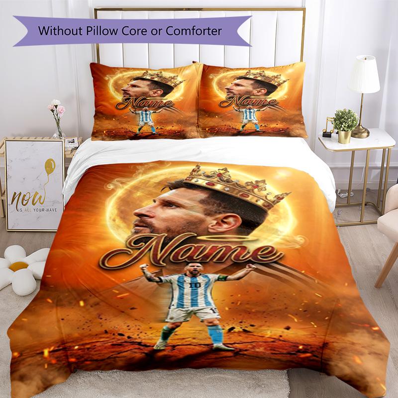 Messi Football Crown Personalized Name Bedding Set,Premium Bed Linen for Bedroom Home Decoration,Perfect Collectible Gift for Messi Fans,Easy Care Duv