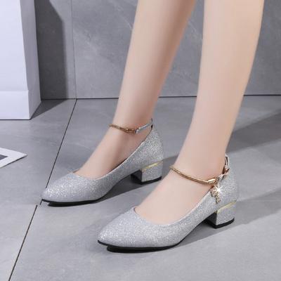 Damenschuhe mit grobem Absatz neue Saison koreanische Version spitze Zehen Hochzeit Arbeitsschuhe mit flachem Ausschnitt und Einzelriemen mit Schnalle