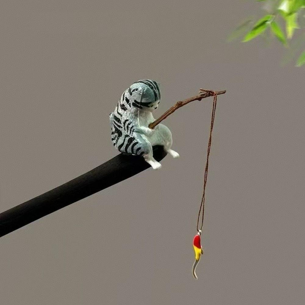 Chinese Style Cat Fishing Hair Stick Black Sandalwood Hanfu Hairpin Antique Wooden Hair Stick  Girl