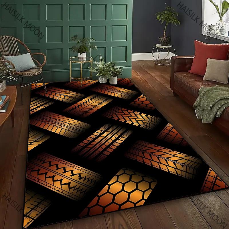 Black and Gold Tire Pattern Printed Carpet Suitable for Living Room Children's Room Bedroom Playroom Entryway Home Decor Floor