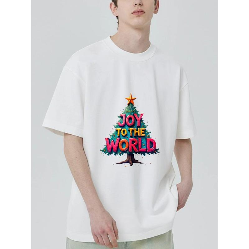 Christmas T-Shirt Black Joy To The World Christmas Tree Design Holiday Party Wear