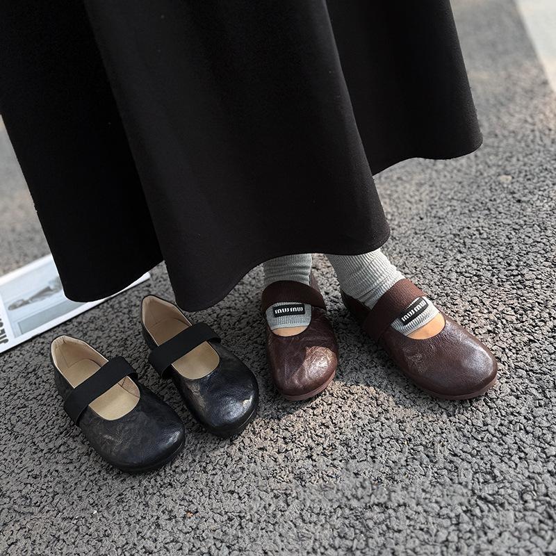 Johnature Sapatos Mary Jane Femininos de Couro Genuíno com Elástico Casual de Couro de Vaca Macio Flats Confortáveis com Solado Macio