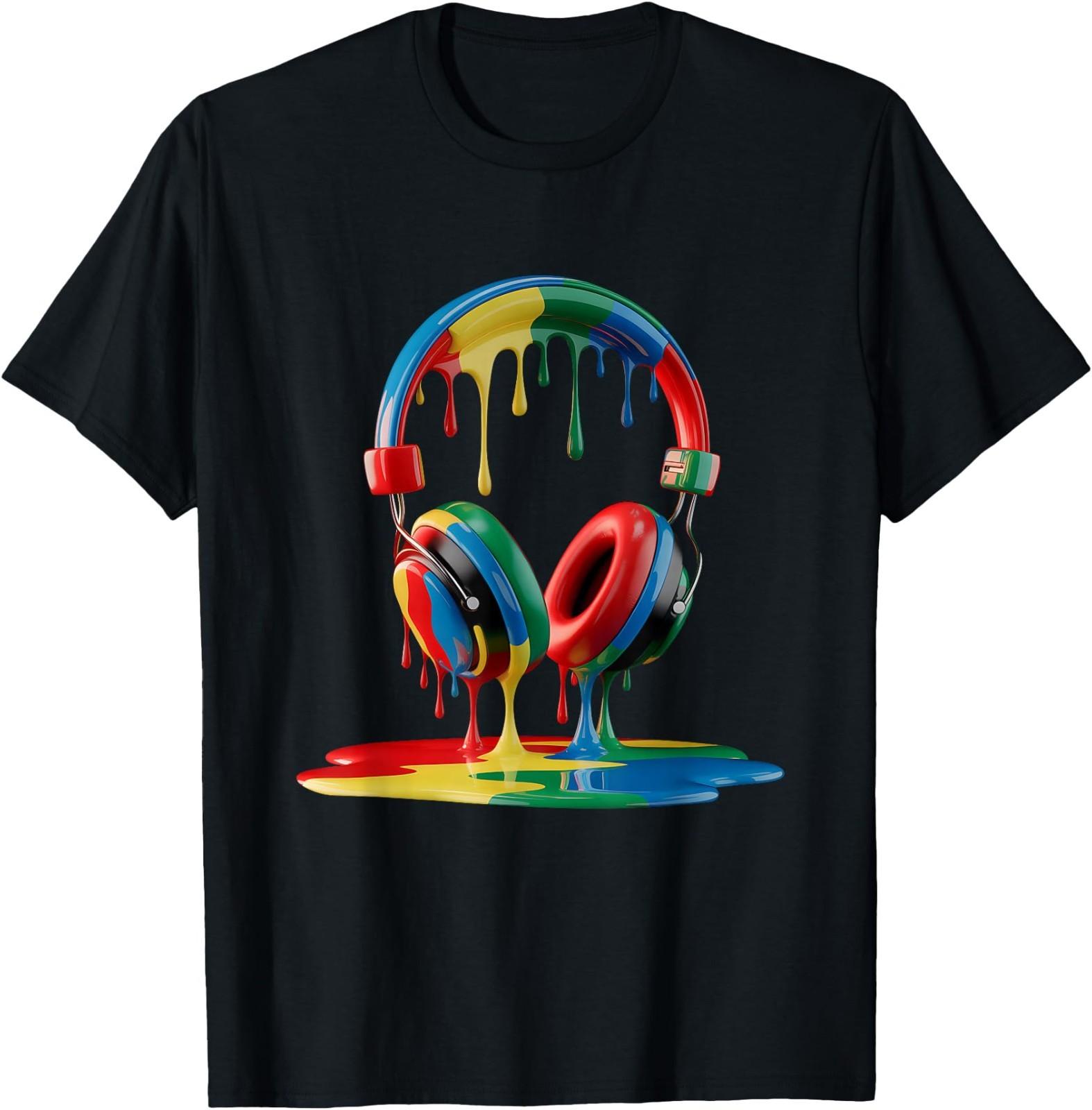 Colorful Dripping Headphones Melting Paint Creative Music T-Shirt M