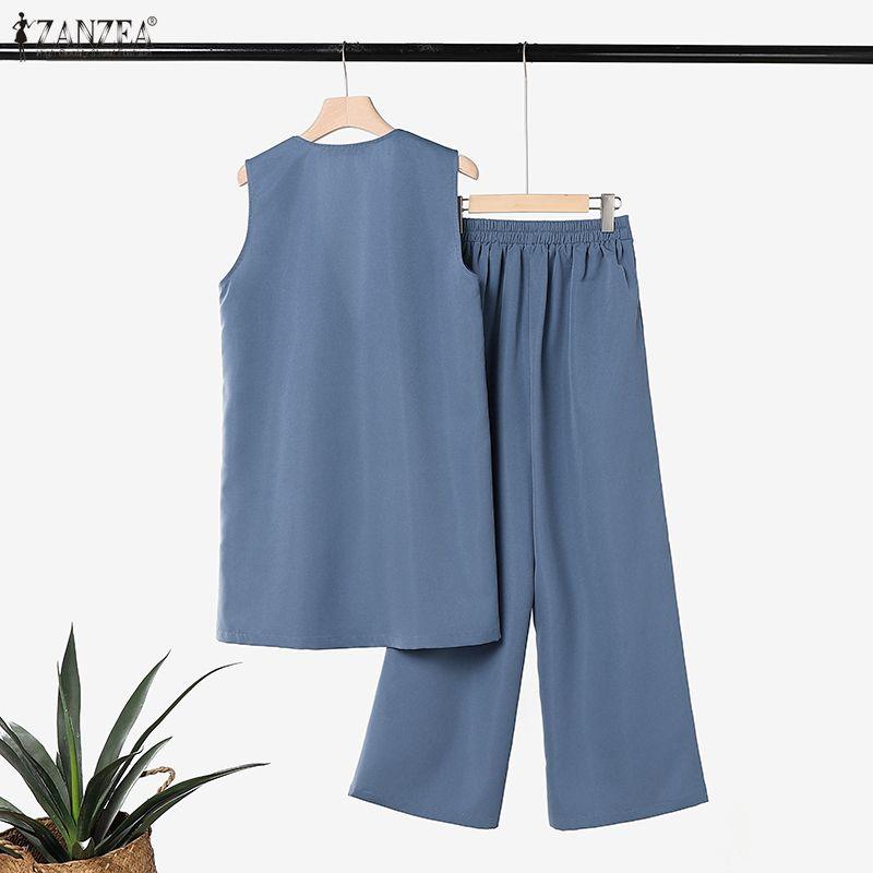 ZANZEA Women Sleeveless Long Vest and Long Pants Casual Two Piece Suit Sets