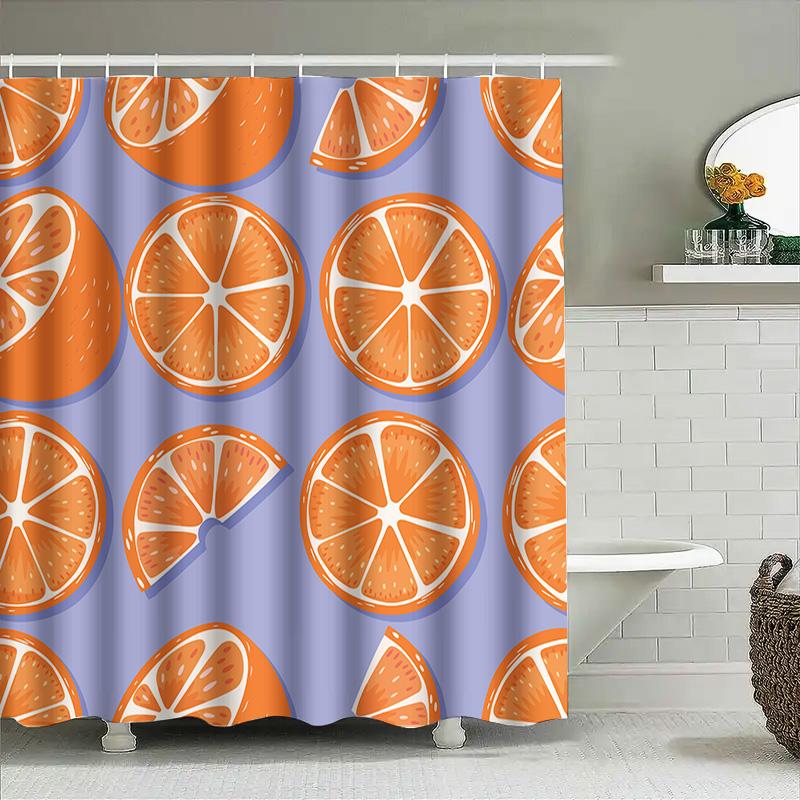 Modern Orange Slice Print Shower Curtain For Bathrooms Decor Blue Background With White Rings Pattern Removable Washable Fabric