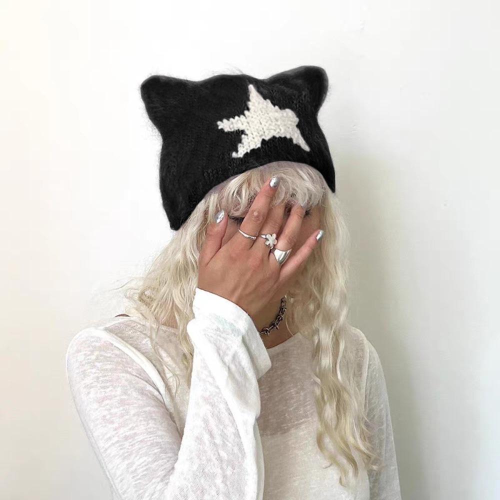 Bonnet Tricoté Style Coréen Étoile Sans Bord Bonnet Mode Oreilles de Chat Laine Chapeau Streetwear