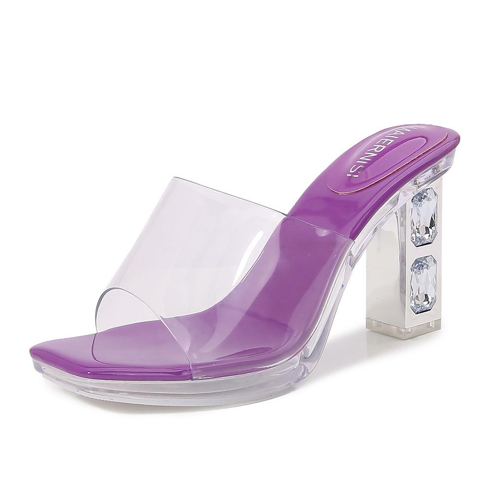 2025 Sommer Transparente PVC Plateau Damen Hausschuhe Sandalen Elegant Eckige Zehenpartie Kristall Dicke Hohe Absätze Pantoletten Seiten Schuhe