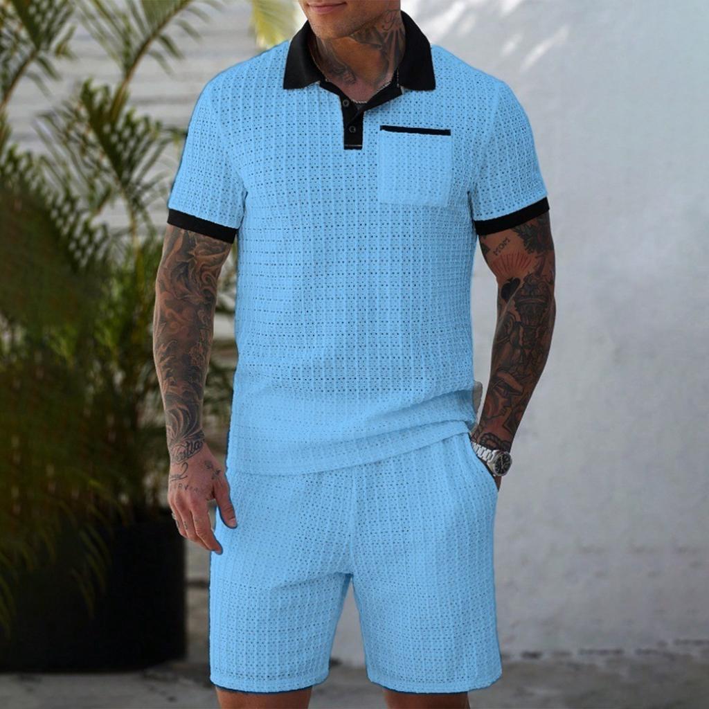 Men's Summer Solid Color Hollow Texture Button Collar Shirt Top Shorts Set