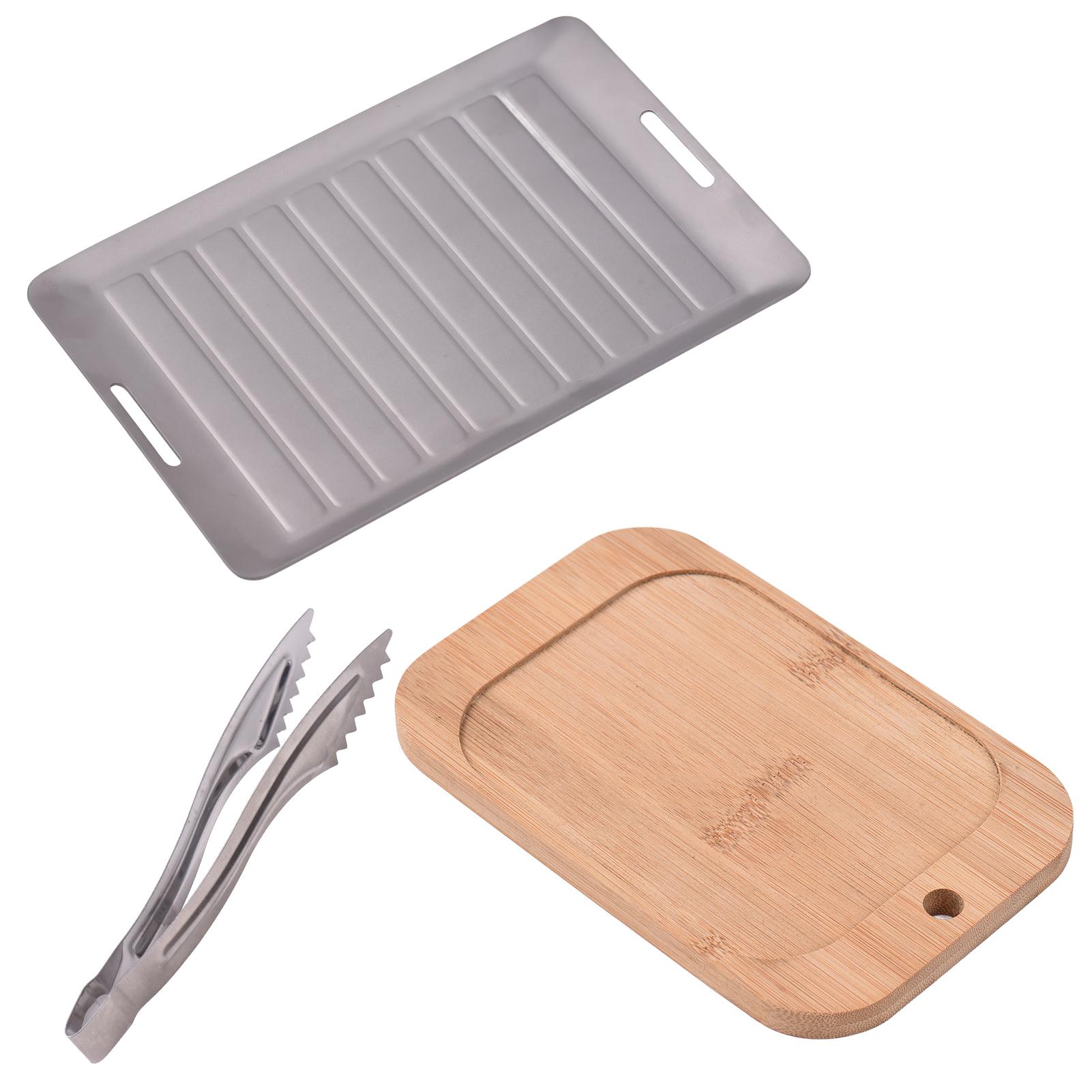 

Набор из 3 предметов: титановая сковорода-гриль для кемпинга, щипцы для барбекю и бамбуковая разделочная доска. Антипригарный, для 1 человека, для кемпинга и домашнего гриля.