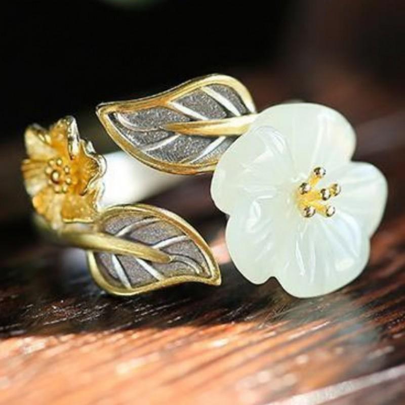 Adjustable Open Ring With Plum Blossom Motif Gold Plated Copper Vintage Boho Womens Fashion Jewelry
