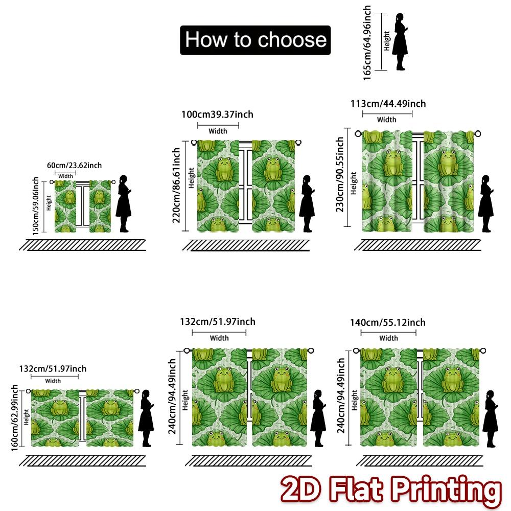 2D FLAT PRINTING 2pcs Curtains (Without Rod) Cute Frogs on Lilypads Chic Window Curtain Versatile 100% Polyester Curtains Easter