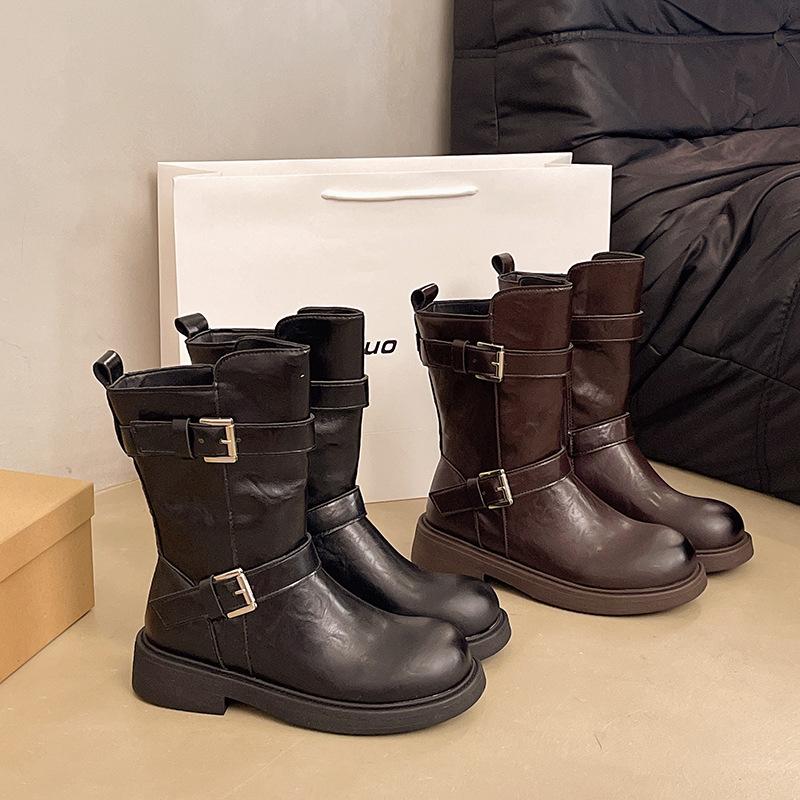 Brown Vintage Leather Thick Heel Short Boots Fall/Winter 2025 Belt Buckle Skinny Boots Locomotive Martin Boots Women