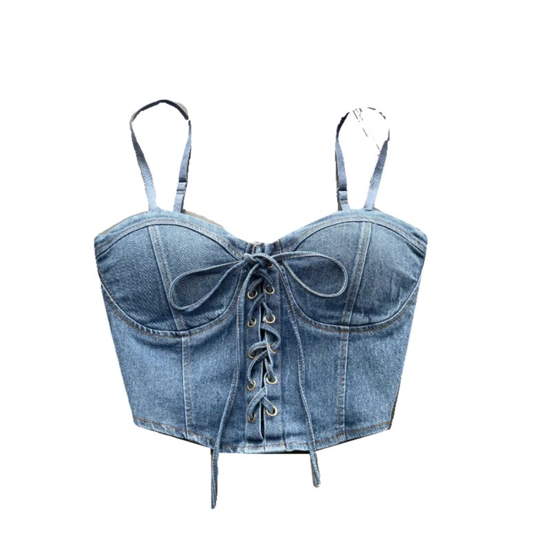 Pure Desire Sexy Denim Camisole Female Sexy with Breast Pad Slim-Fit All-Matching Short Beauty Back Chic Tied Top