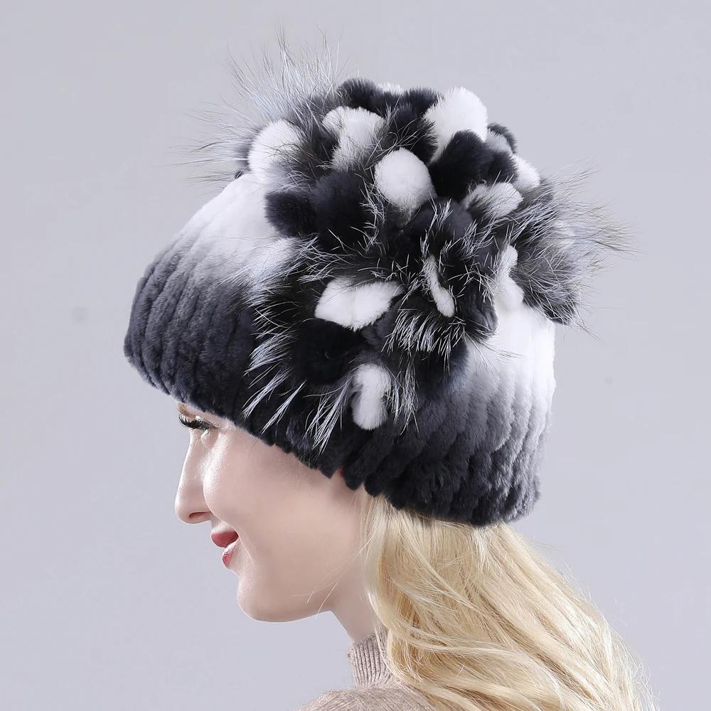 Brand Women Genuine Rex Rabbit Fur Hats Winter Rex Rabbit Fur Beanies Striped Top Flower Fox Fur Warm Real Fur Knit Caps