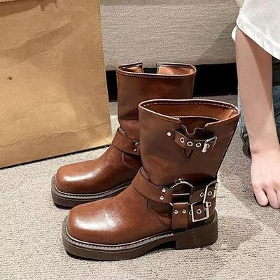 Bottines pour femmes Automne Travail Mode Élégant Punk Nouveauté Noir Luxe Talon Bas Bout Rond Cuir