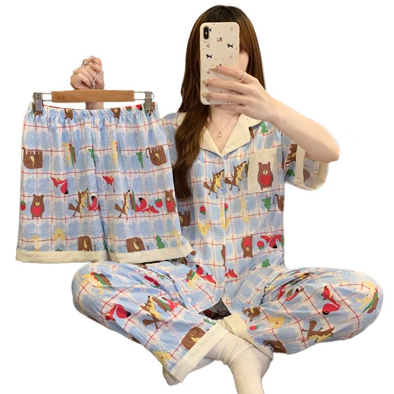 Animal Paradise Plaid Contrast Cloud Cotton Pajamas Women'S Summer Short Sleeve Casual Sweet Three-Piece Loungewear