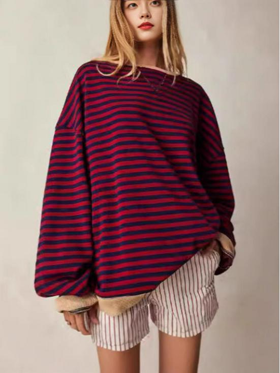 2025 Autumn/Winter Striped Color Block Loose Round Neck Long Sleeve Sweatshirt.