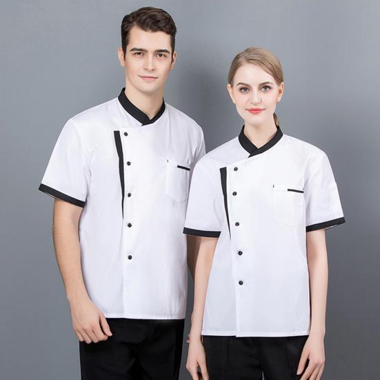 Chef Uniform Unisex Short Sleeves Breathable Comfortable Stand Collar Patch Pocket Jacket Restaurant Kitchen Baker Cook Uniform Shirt Culinary Work