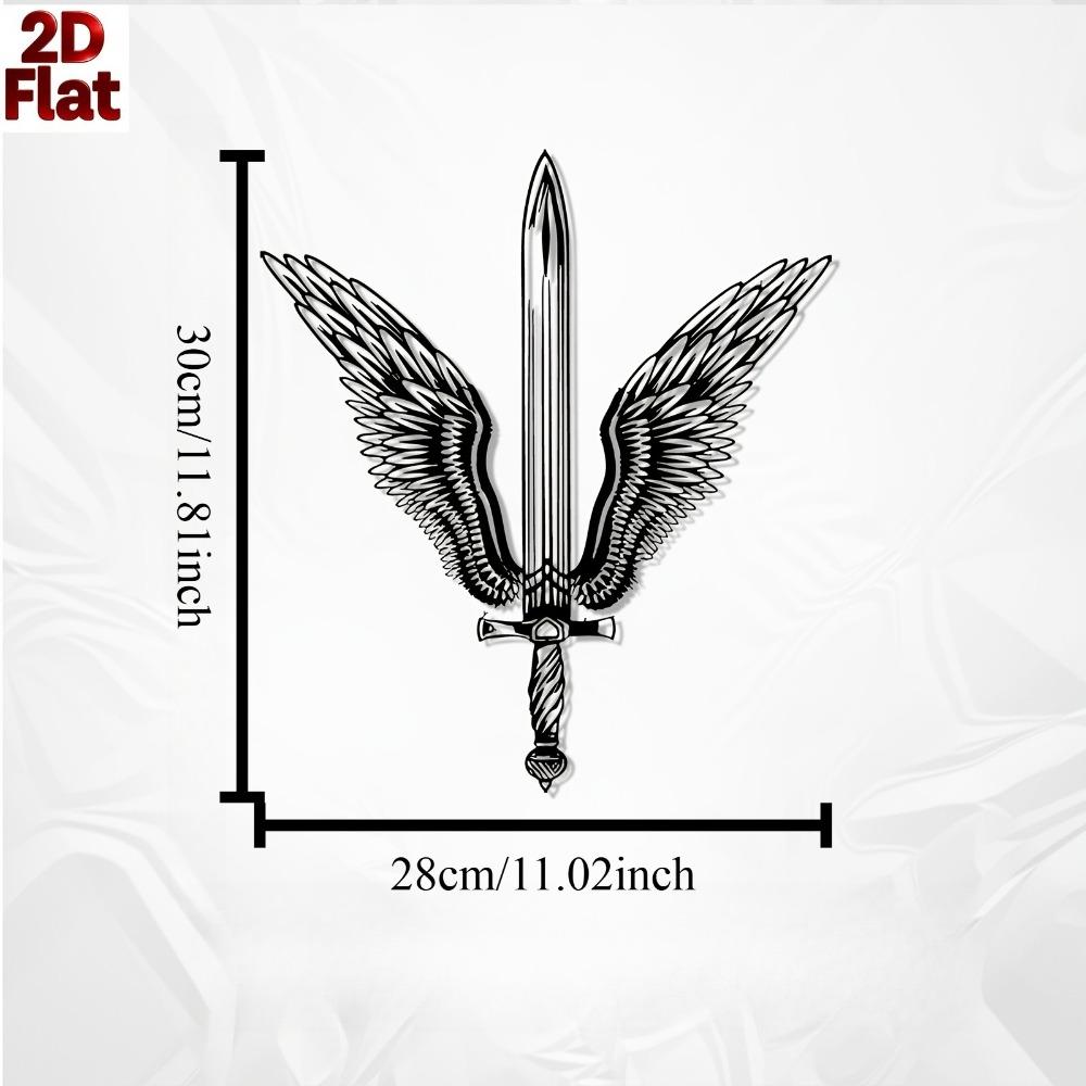 Winged Sword Metal Wall Art Sculpture, Weather Resistant Gift for Fantasy Fans, Home Garden Fence Decor 12in