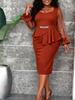 Plus Size Elegant Waist-Cinched Ruffle Dress with See-Through Sleeves - Slimming, Hip-Hugging, Perfect for Formal and Commuting Occasions.