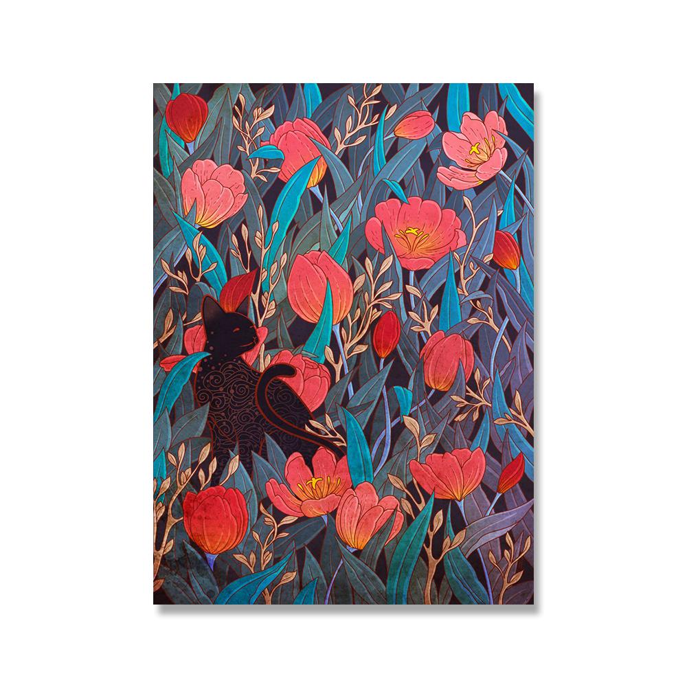 Vintage Cat Cartoon Animal Flower Plant Nordic Poster Wall Art Canvas Painting Wall Pictures For Living Room Home Decor Unframed