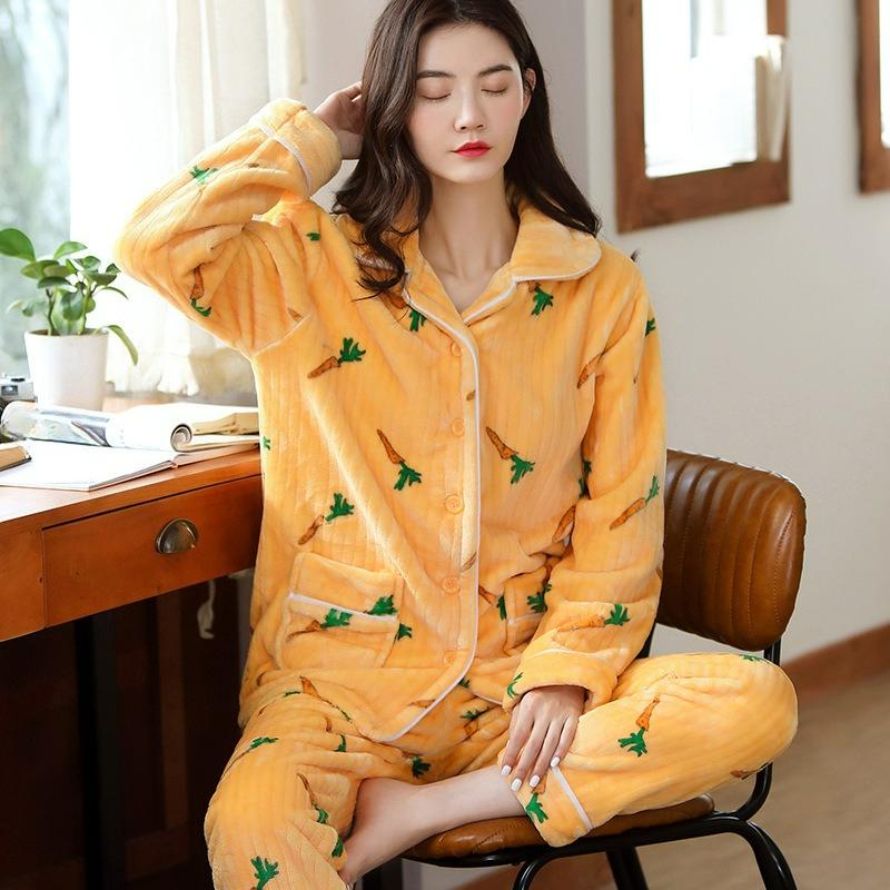Suit Pajamas, Women's Coral Fleece Pajamas, Autumn and Winter Thickened Warm Flannel Pajamas, Women Can Wear Home Service Outside