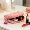 Striped Shell Cosmetic Bag Canvas Travel Makeup Organizer Portable Cute Makeup Pouch with Pompoms for Women Girls Toiletries