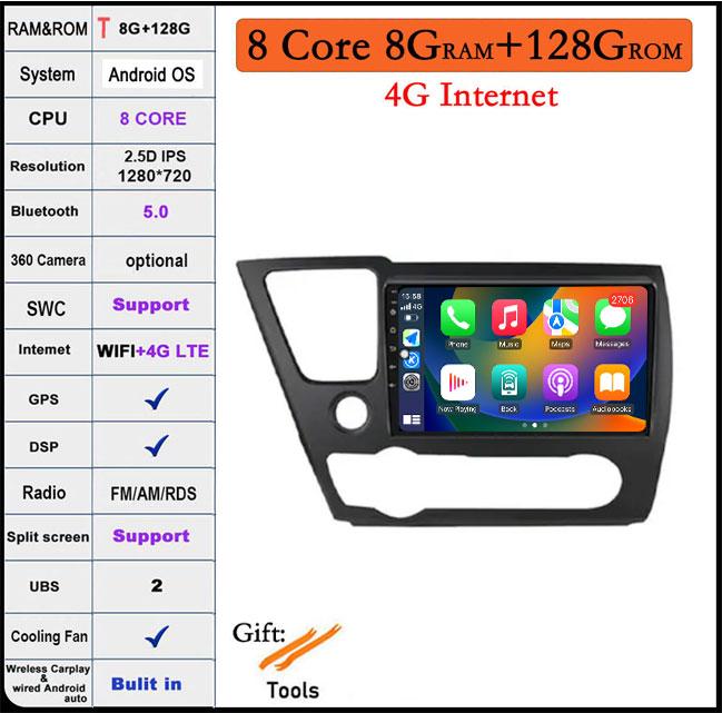 For Honda Civic 9 2013-2016 DSP Android 14 Car Radio Multimedia Video Player Navigation Stereo GPS Monitor