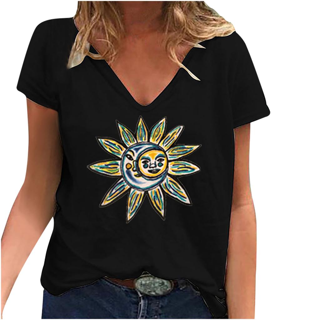 Fashion Spring  Retro Sun Print Blouses Short Sleeved V-Neck T Shirts Casual