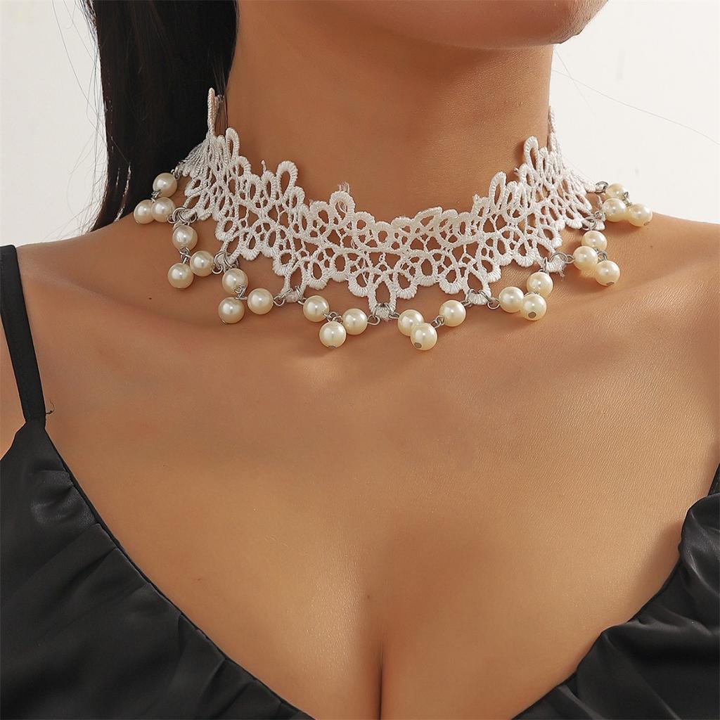 Fashion Bridal Lace Pearl Necklace White Lace Exaggerated Necklace Multi-layer Accessories