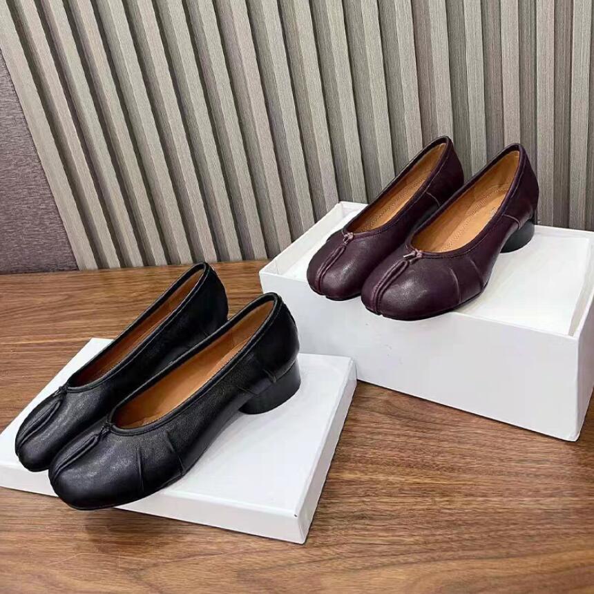 Cuero genuino arrugado Punta dividida Charol Tabi Zapatos de tacón para mujer Verano Otoño Mary Janes Tacones altos gruesos Zapatos para niñas Estudiantes