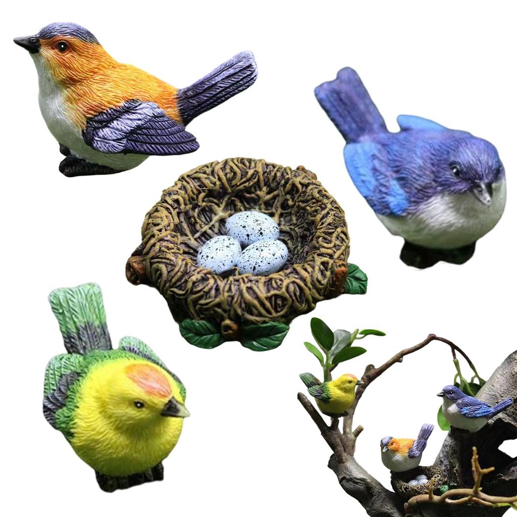 4pcs Mini Bird Nest Set Realistic Cute Resin Simulated Animal Set Funny Bird Figurines Ornament Crafts Gardening Decoration