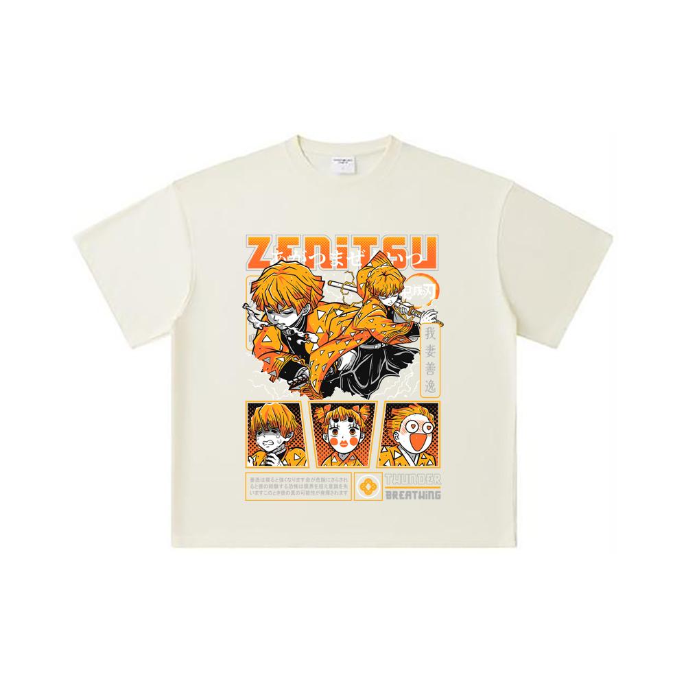 

260 GSM Double Yarn 32 Count 100% Cotton Demon Slayer V68 Zenitsu Print Unisex Heavy Cotton T Shirt S абрикосовый