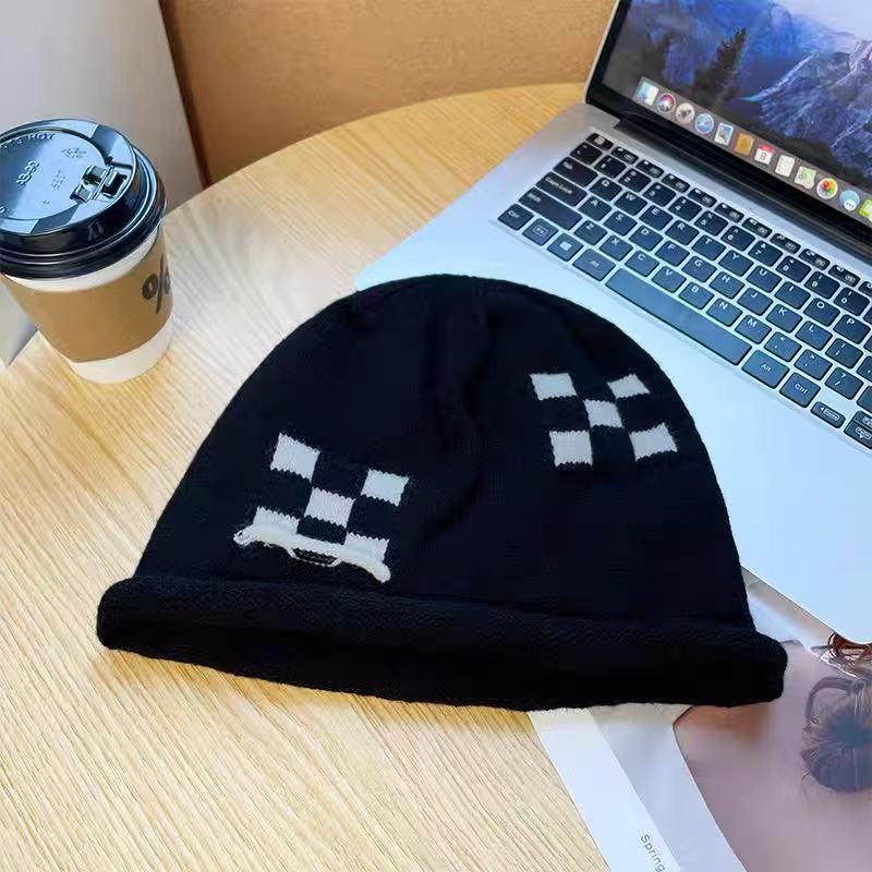 Autumn and Winter New Drawstring Checkerboard Knitted Wool Hat Women's Stacking Hat Big Head Circumference Versatile Bag Head Cold Hat