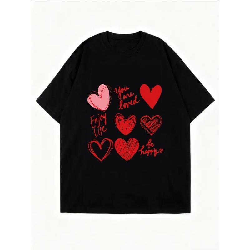 White T Shirt With Heart Pattern And Love Messages For Casual Wear