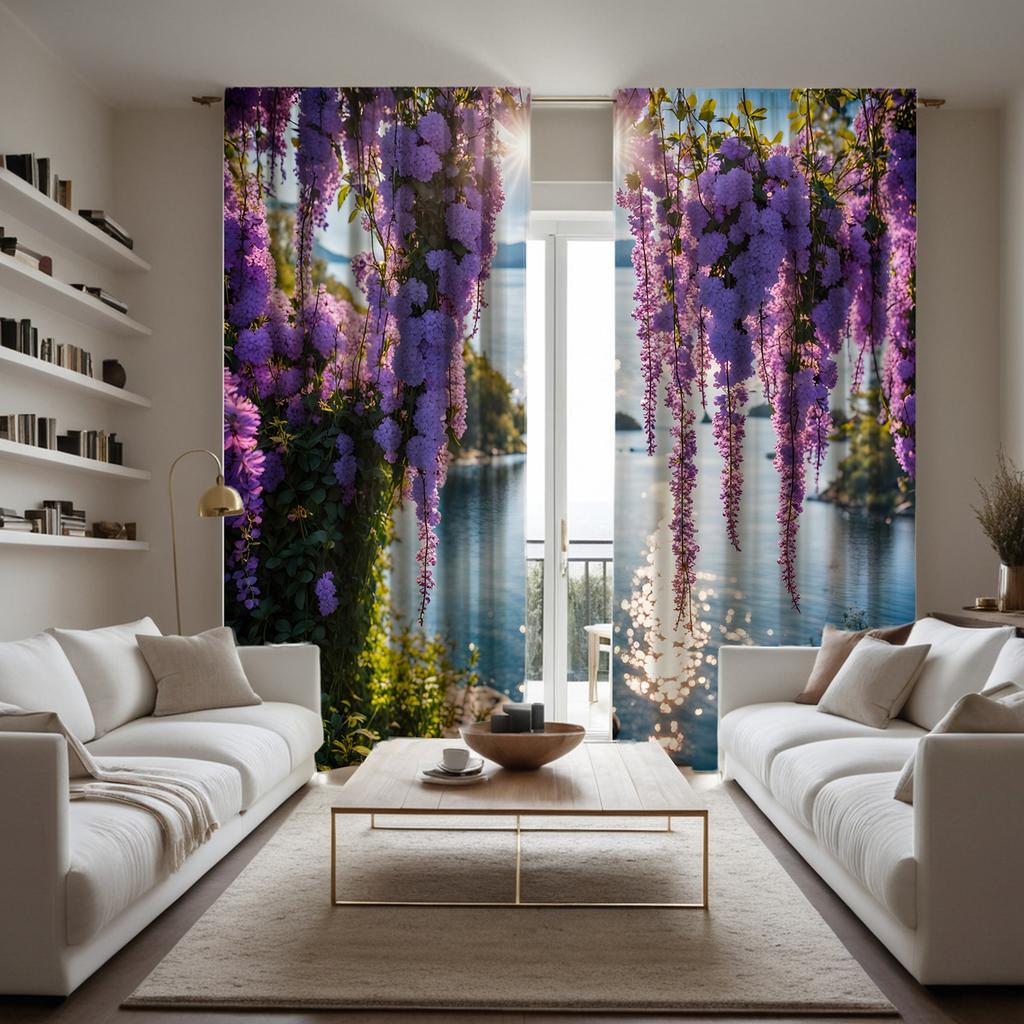 2pcs set HD lakeside Wisteria flower landscape decorative curtain Purple tie digital printed curtain Home Decoration style De