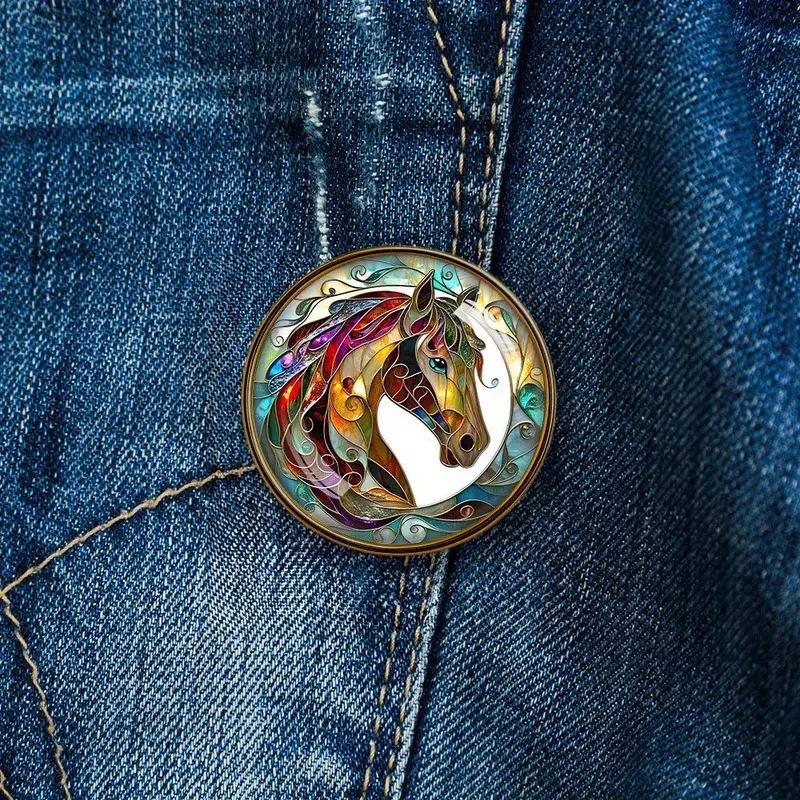 Broșă Rotundă din Rășină Pictată Zodiac Cal Insignă la Modă din Aliaj Personalizată Pentru Haine Genți