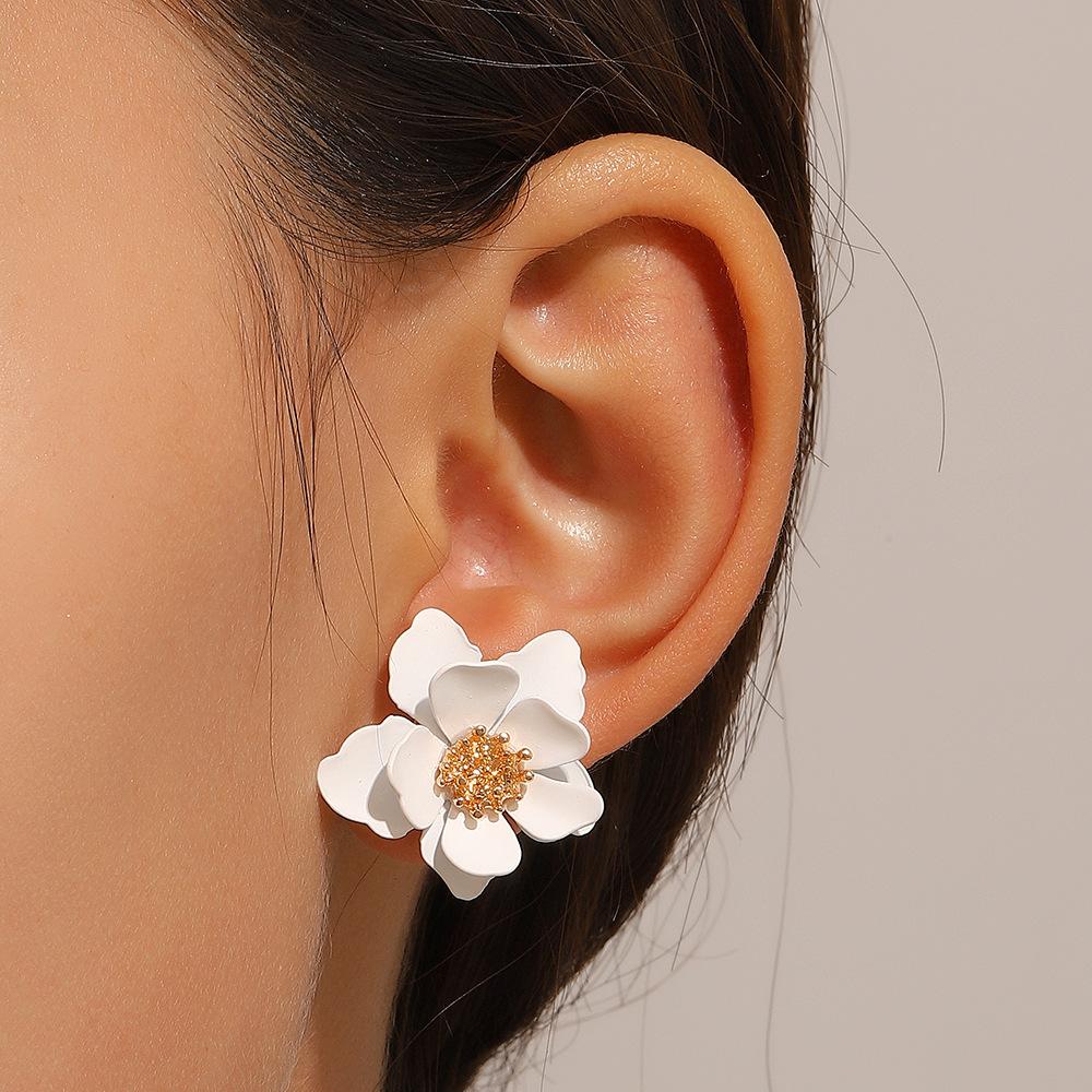European American Trendy 3D Metal Flower Petal Stud Earrings, Japanese Korean Temperament Women Earrings