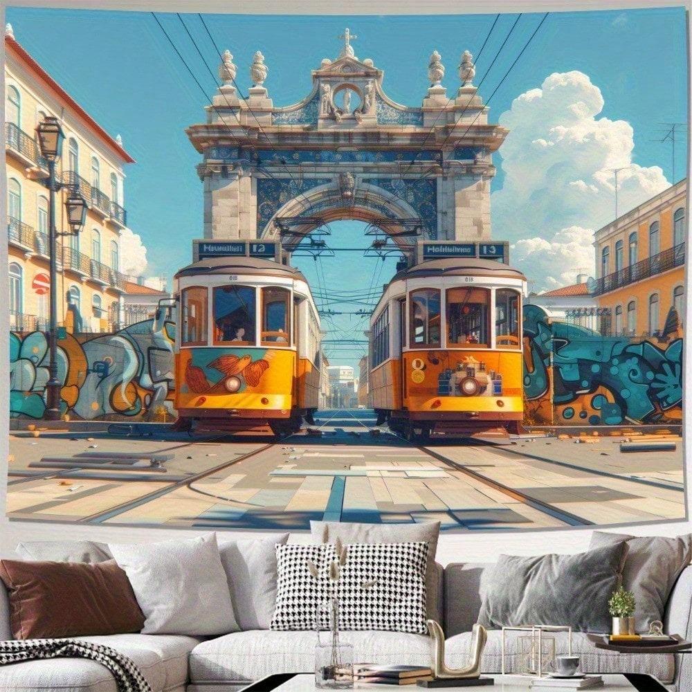 

1pc European City Street Tram Tapestry Graffiti Art Wall Hanging Urban Landscape Decor Bedroom School Start Season Gift 70x100CM