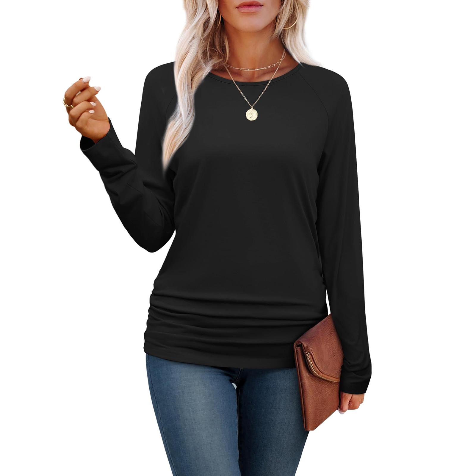 

Женский повседневный топ с круглым вырезом и длинными рукавами, подол, боковая оборка L чёрный