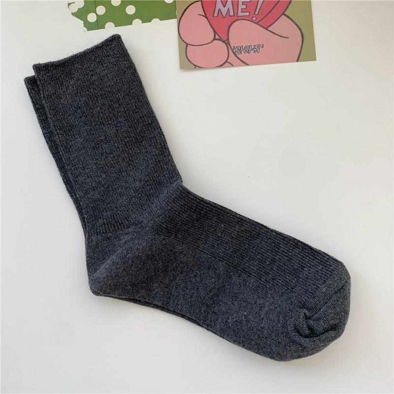 Bomull Ensfarvede Sokker for Kvinner, Høst Tynne Tynne Stripete Frotte-sokker for Kvinner, Midt-legg Sokker